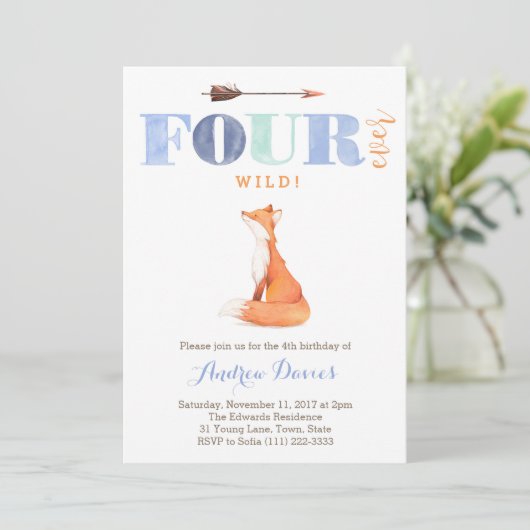 VIER Wilde Fox 4e verjaardag Uitnodigingen voor jo (Staand voorkant)