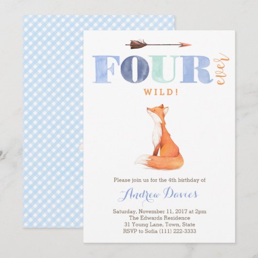 VIER Wilde Fox 4e verjaardag Uitnodigingen voor jo (Voorkant / Achterkant)