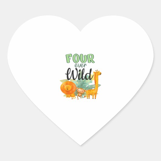 Vier Wilde Giraffe Apenleeuw Oerwoud 4e Geboorte Hart Sticker (Voorkant)