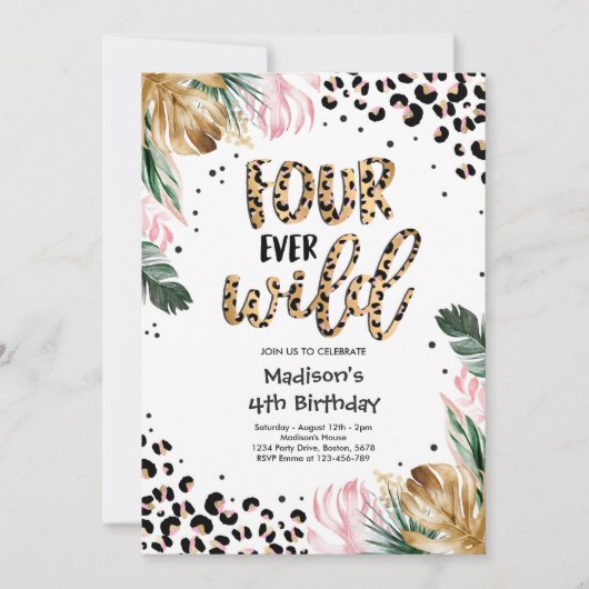 Vier Wilde Leopard-afdrukken op 4-jarige verjaarda Kaart (Voorkant)