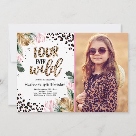 Vier Wilde Leopard-afdrukken op 4-jarige verjaarda Kaart (Voorkant)