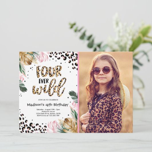 Vier Wilde Leopard-afdrukken op 4-jarige verjaarda Kaart (Staand voorkant)