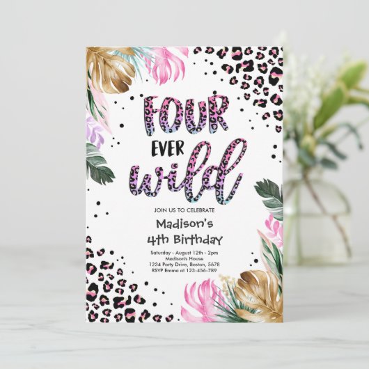 Vier Wilde Leopard-afdrukken op 4-jarige verjaarda Kaart (Staand voorkant)