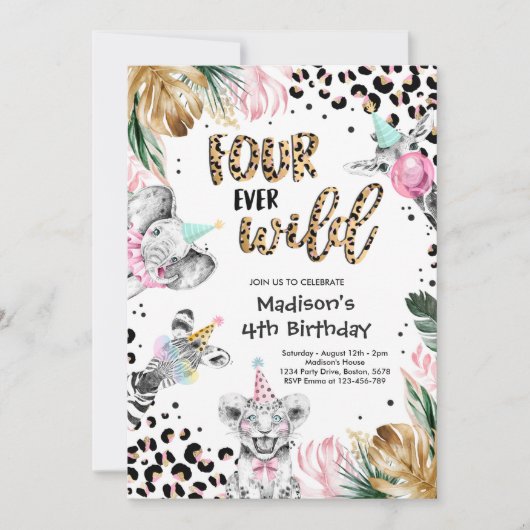 Vier Wilde Leopard Safari Dieren vierde verjaardag Kaart (Voorkant)