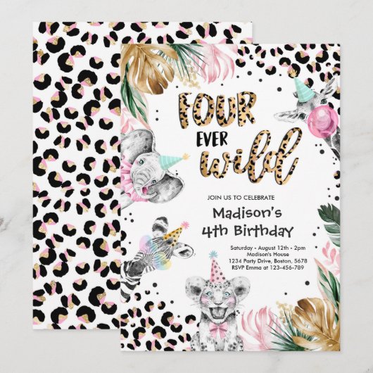 Vier Wilde Leopard Safari Dieren vierde verjaardag Kaart (Voorkant / Achterkant)