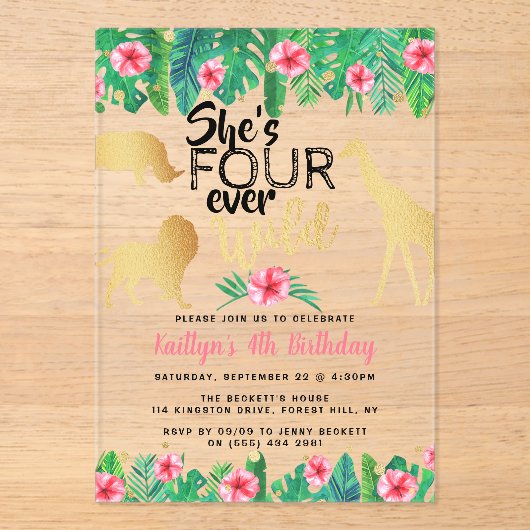 Vier Wilde Meisjes op de vierde verjaardag Acryl Uitnodigingen (Voorkant)