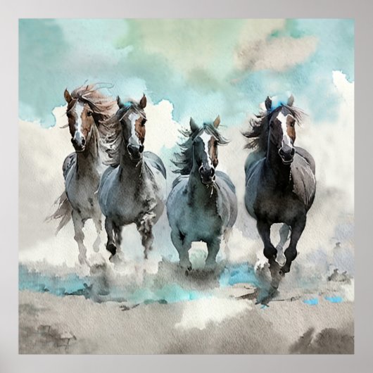 Vier Wilde Mustangs Galopperen Over De Prairie Poster (Voorkant)