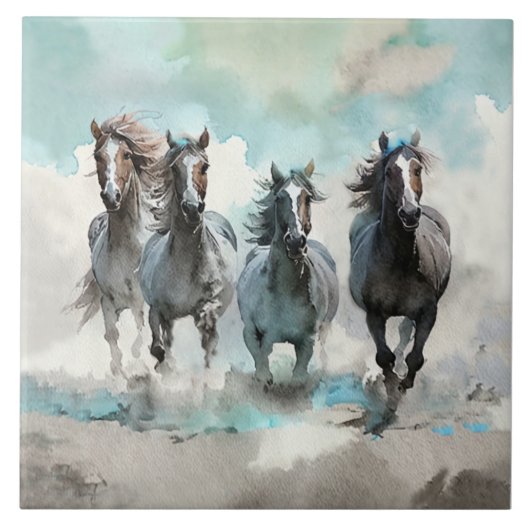 Vier Wilde Mustangs Galopperen Over De Prairie Tegeltje (Voorkant)