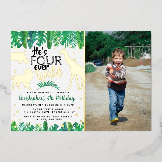 Vier Wilde Oerwouden jongens van de vierde verjaar Folie Uitnodiging (Voorkant)