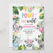 Vier Wilde Safari Birthday Party Dieren Kaart (Voorkant)