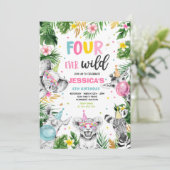 Vier Wilde Safari Birthday Party Dieren Kaart (Staand voorkant)