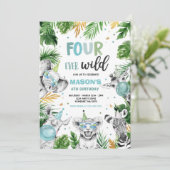 Vier Wilde Safari Birthday Party Dieren Kaart (Staand voorkant)