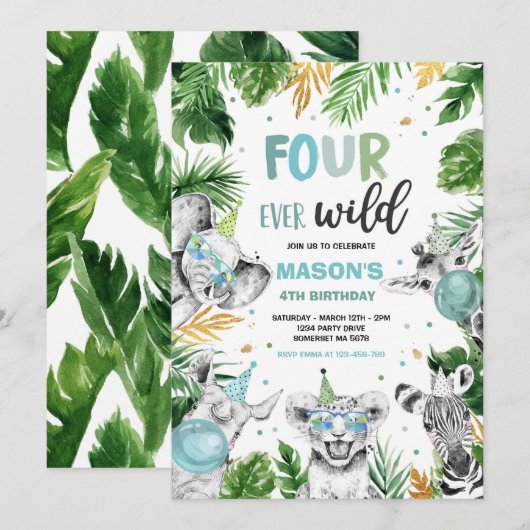 Vier Wilde Safari Birthday Party Dieren Kaart (Voorkant / Achterkant)