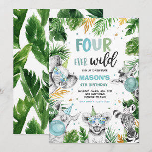 Vier Wilde Safari Birthday Party Dieren Kaart