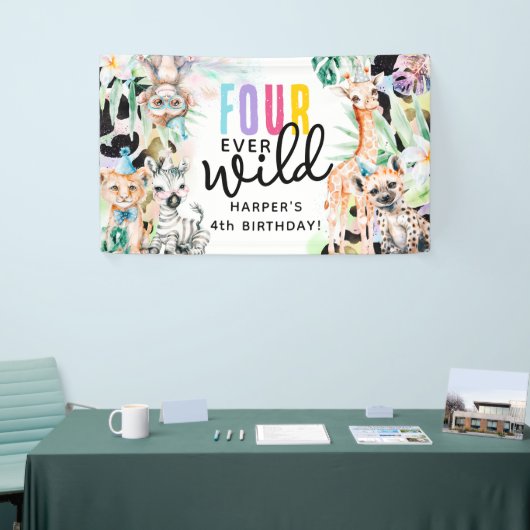 VIER Wilde! Safari Dieren 4e verjaardag Spandoek (Beurs)