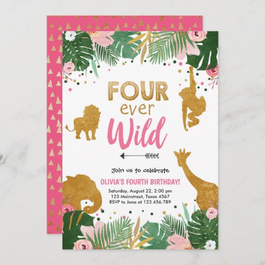 Vier wilde Safari Dieren, meisje van zondag Kaart (Voorkant / Achterkant)