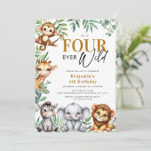 Vier Wilde Safari Oerwoud Dieren 4e verjaardag Kaart (Staand voorkant)