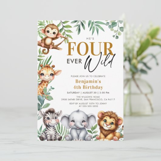 Vier Wilde Safari Oerwoud Dieren 4e verjaardag Kaart (Staand voorkant)