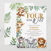 Vier Wilde Safari Oerwoud Dieren 4e verjaardag Kaart (Voorkant / Achterkant)