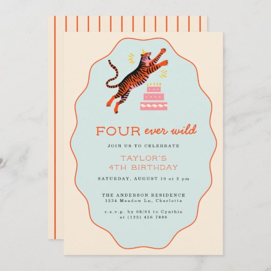 Vier Wilde Tijger Kinder 4e Verjaardag Kaart (Voorkant / Achterkant)