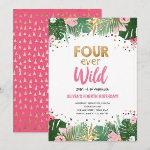 Vier Wilde Tropische Safari Meisje Verjaardag Kaart