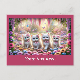 Vier witte katjes met bloemen en vlinders briefkaart