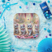 Vier Witte Kittens met Bloemen en Vlinders Papieren Bordje (Feest)