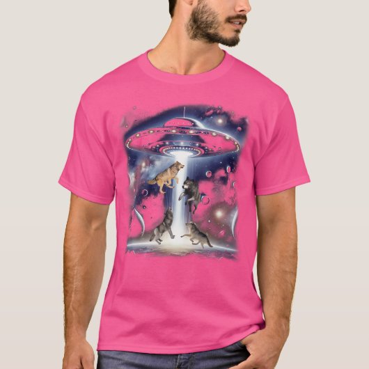 Vier Wolf met UFO Grappige Wolven UFO's Alien Wolf T-shirt (Voorkant)
