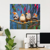 vier Zebrafinken nebeneinander auf Ast sitzend Poster (Thuiskantoor)