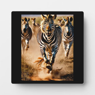 Vier zebra's die over de savanne rennen terwijl ee fotoplaat
