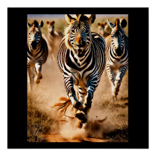 Vier zebra's die over de savanne rennen terwijl ee perfect poster