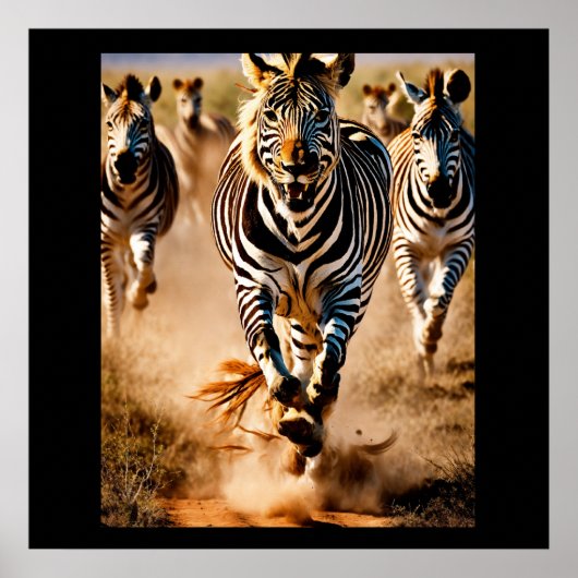 Vier zebra's die over de savanne rennen terwijl ee poster (Voorkant)