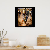 Vier zebra's die over de savanne rennen terwijl ee poster (Keuken)