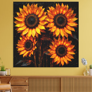 Vier zonnebloemen op een donkere achtergrond canvas afdruk