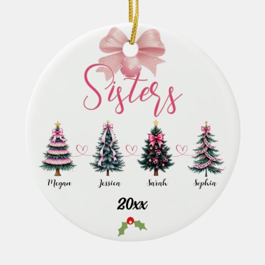 Vier zusters kerstboom met aangepaste namen keramisch ornament (Voorkant)