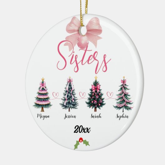 Vier zusters kerstboom met aangepaste namen keramisch ornament (Links)