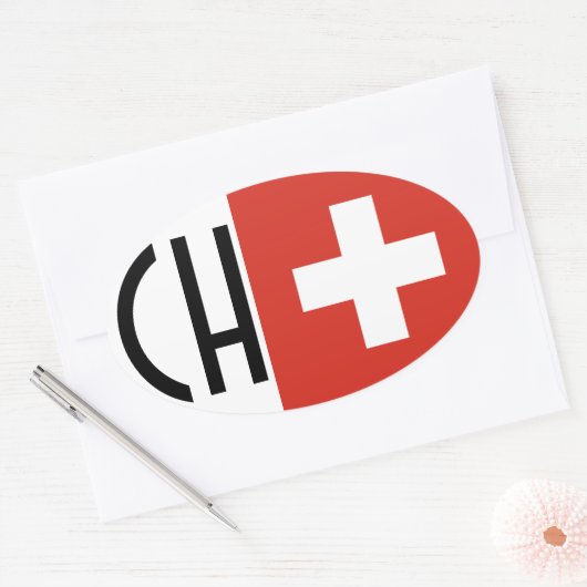 VIER Zwitserland Vlag "CH" Ovale Sticker (Envelop)