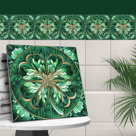 Vierbladige klaver - groen marmer en goud tegeltje