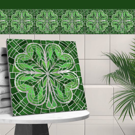 Vierbladige klaver - Groen Marmer en Parel Tegeltje