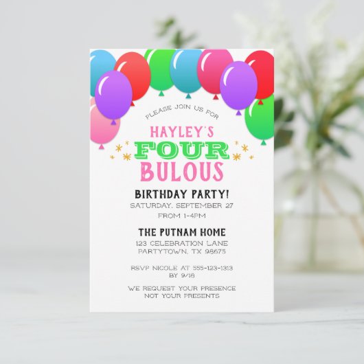 VIERbulous 4e Verjaardag Ballon Banner Roze Groen Kaart (Staand voorkant)