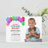 VIERbulous 4th Birthday Balloon Blauwe Foto Kaart (Staand voorkant)