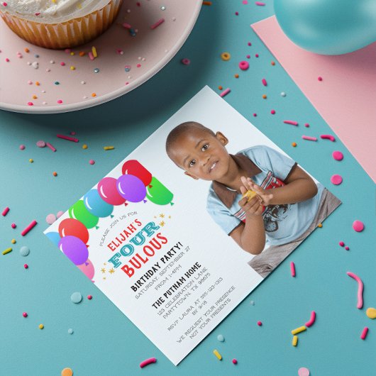 VIERbulous 4th Birthday Balloon Blauwe Foto Kaart