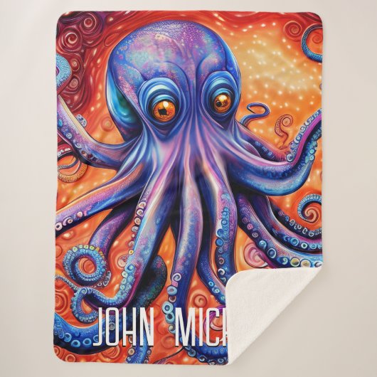 Vierce Blue Waterverf Octopus met aangepaste naam Sherpa Deken (Voorkant)