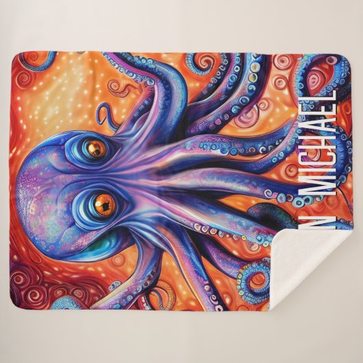 Vierce Blue Waterverf Octopus met aangepaste naam Sherpa Deken (Voorkant (horizontaal))