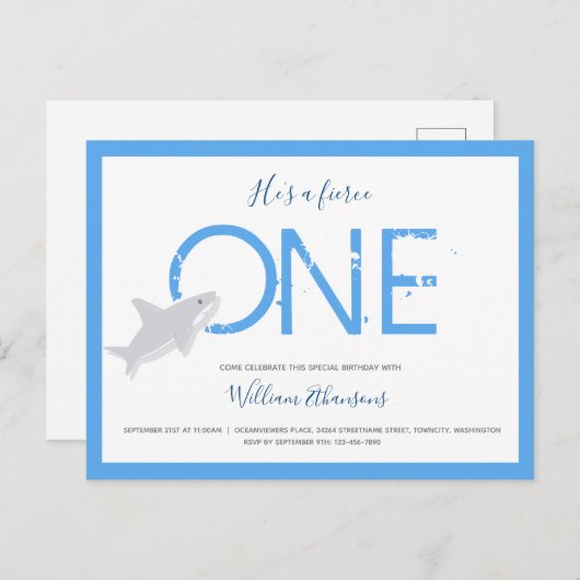 Vierce One Shark Animal First Birthday Invitation Uitnodiging Briefkaart (Voorkant / Achterkant)