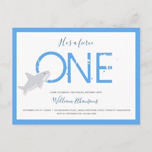 Vierce One Shark Animal First Birthday Invitation Uitnodiging Briefkaart (Voorkant)