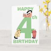 Vierde 4e verjaardag Doodle Cats Custom Bericht Kaart (Gele Bloem)