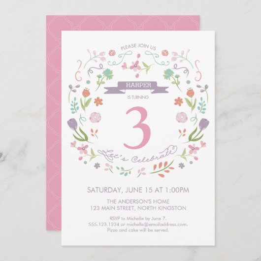 Vierde, derde verjaardag van het meisje kaart (Voorkant / Achterkant)