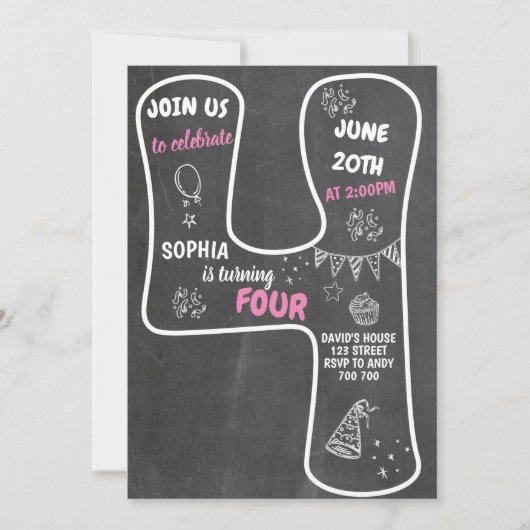 Vierde geboorte-meisje-alkbordroze nummer kaart (Voorkant)