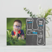Vierde geboortecyalkbord voor jongen met foto-blau kaart (Staand voorkant)